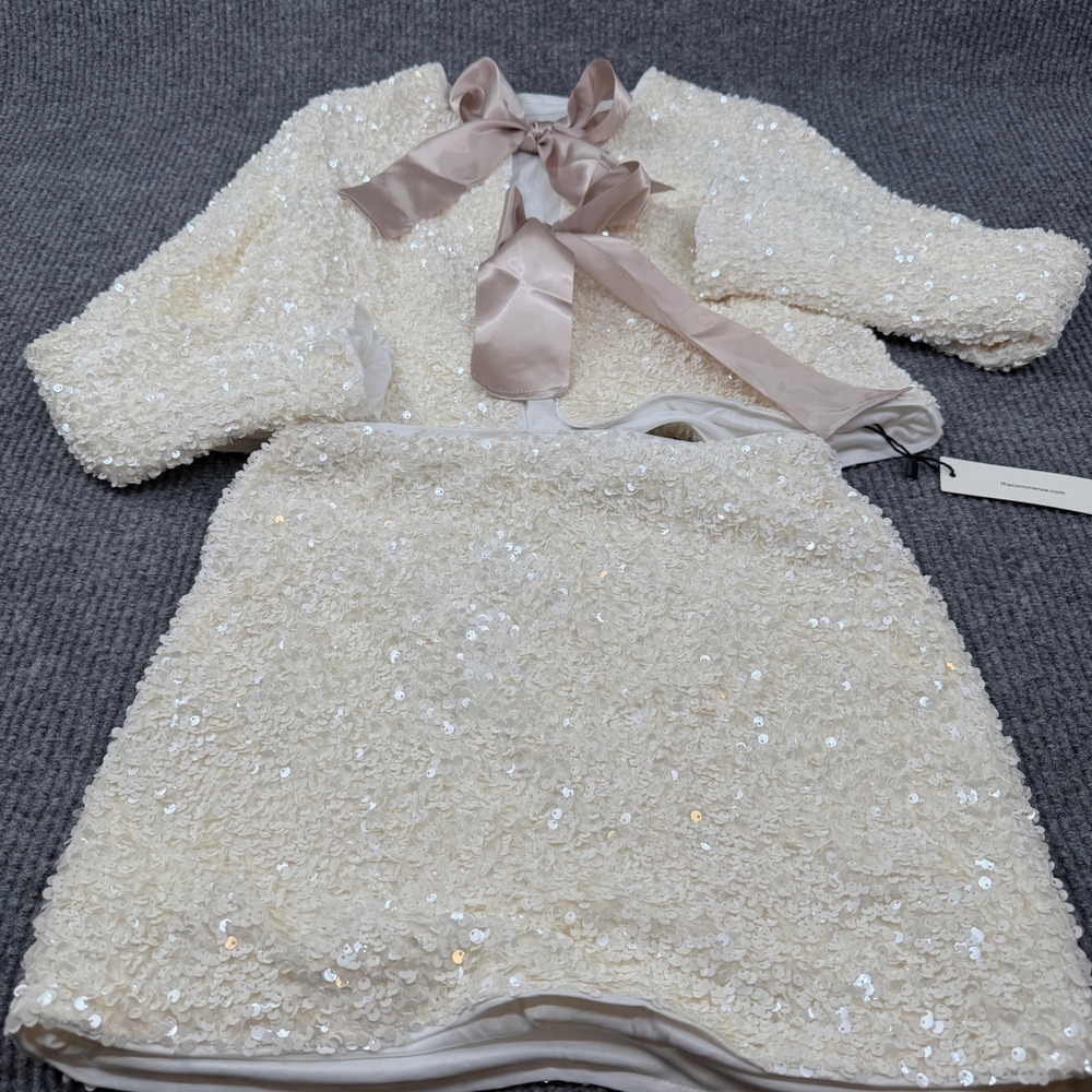 Commense Sequin Skirt Set Women Small White Bow Back Crop Jacket Mini Skirt Glam - Picture 5 of 16
